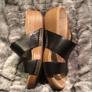 Dansko black leather wedge slip on sandals